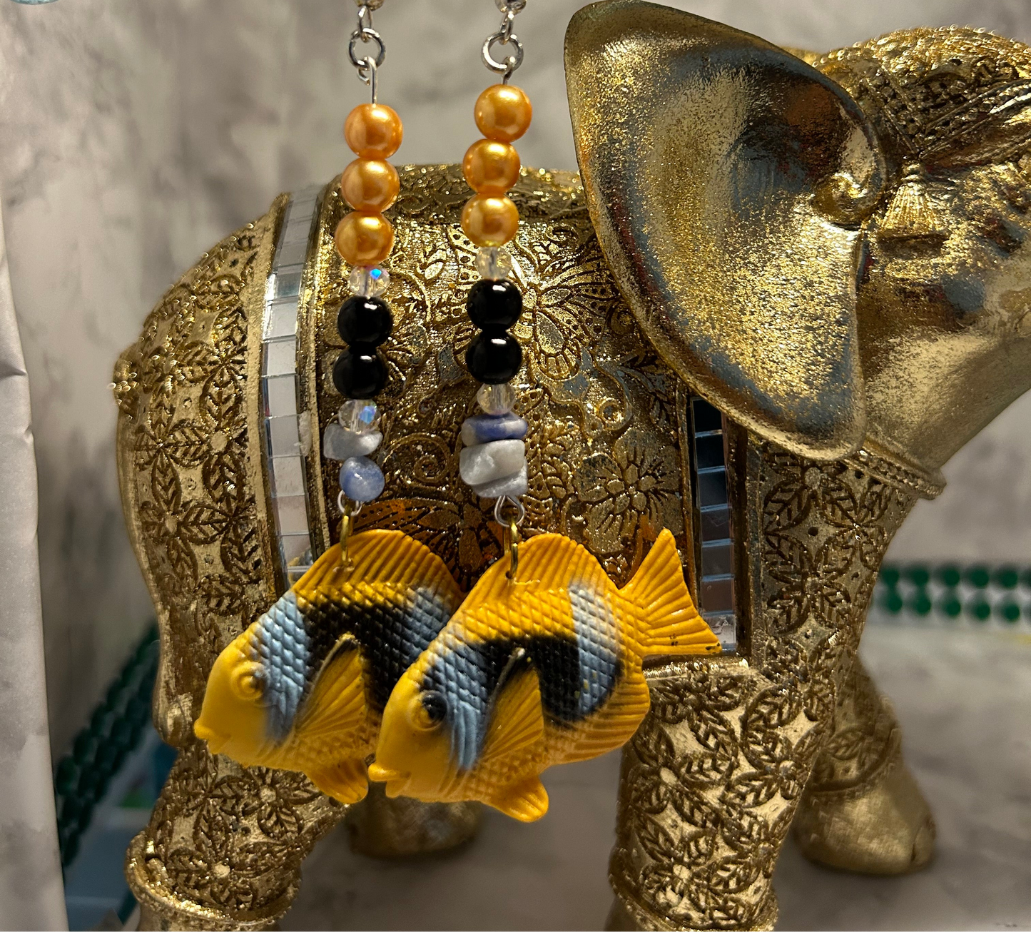 Yellow, Blue, Black Fish Earrings